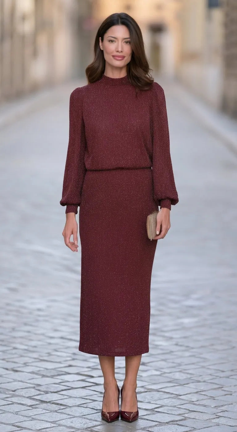 Metallic-Thread High-Neck Long-Sleeve Top And Midi Skirt Two-Piece Set