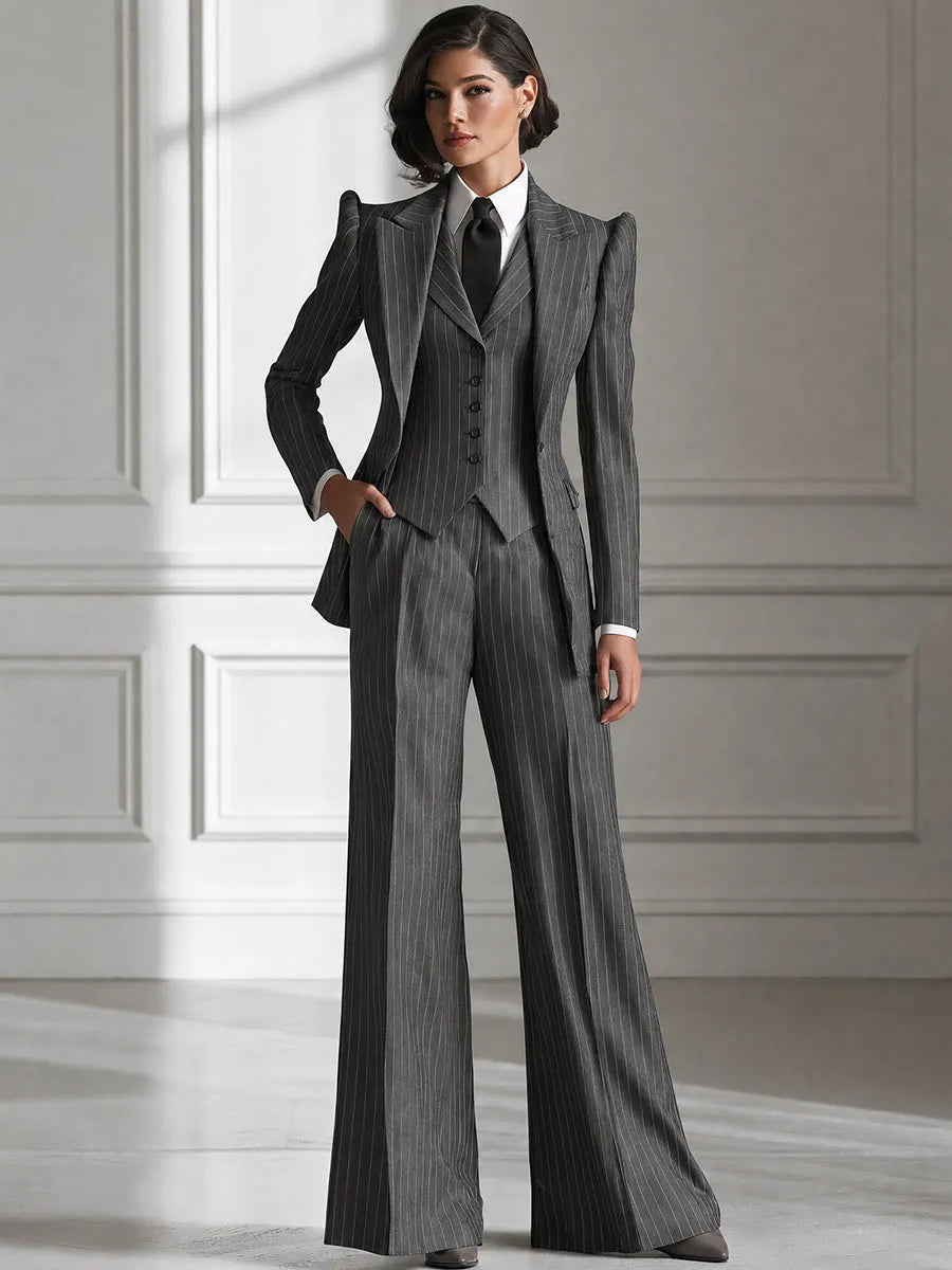 Women's Vintage Pinstripe 3-Piece Power Suit Set – Structured Blazer, Waistcoat & Wide-Leg Trousers