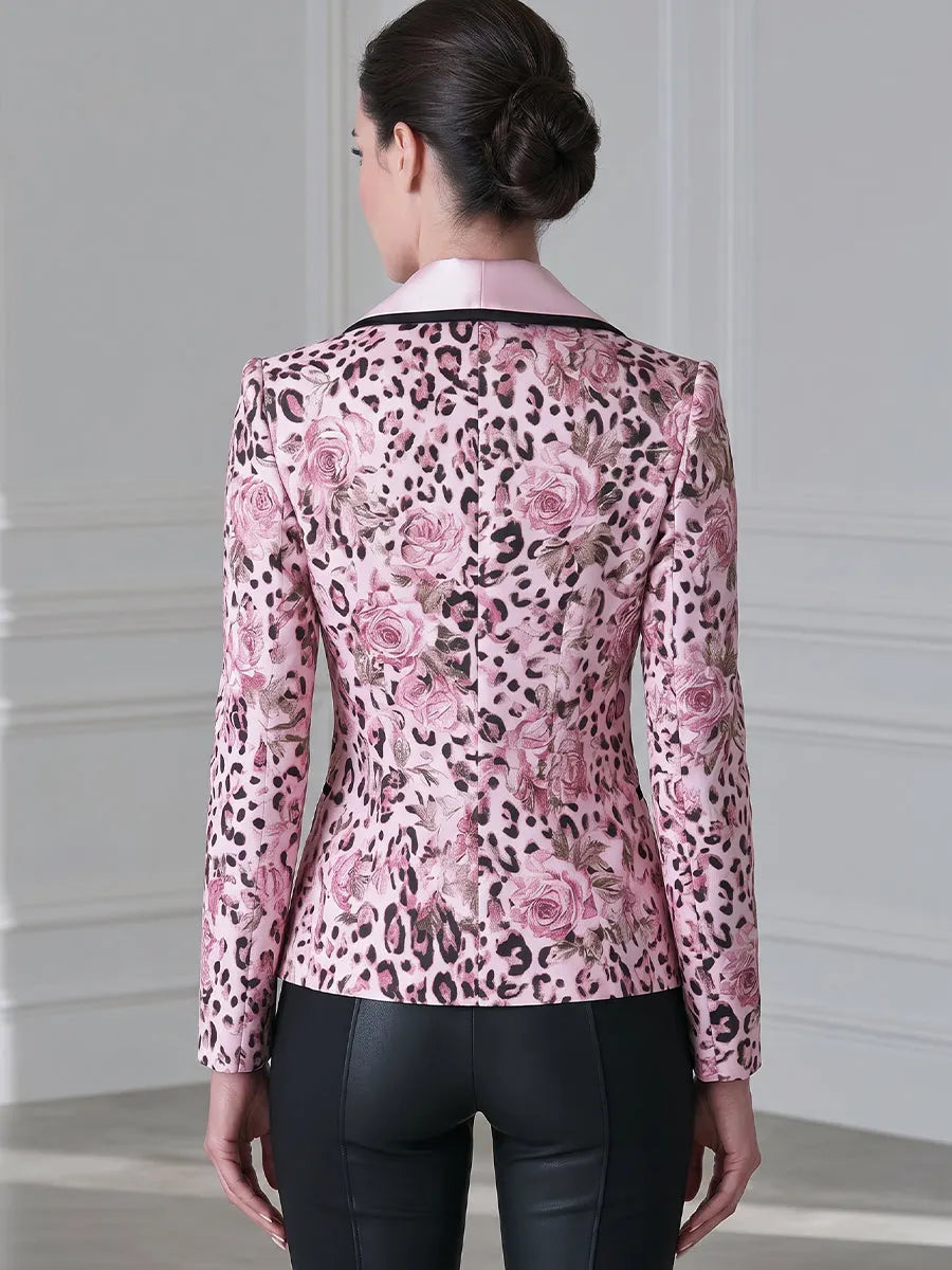 Floral Leopard Print Contrast-Lapel Tailored Blazer