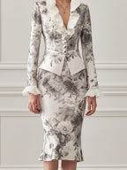 Ivory Grey Floral Print Pleated Ruffle Collar Tailored Blazer & Mermaid Midi Skirt Two-Piece Suit Set