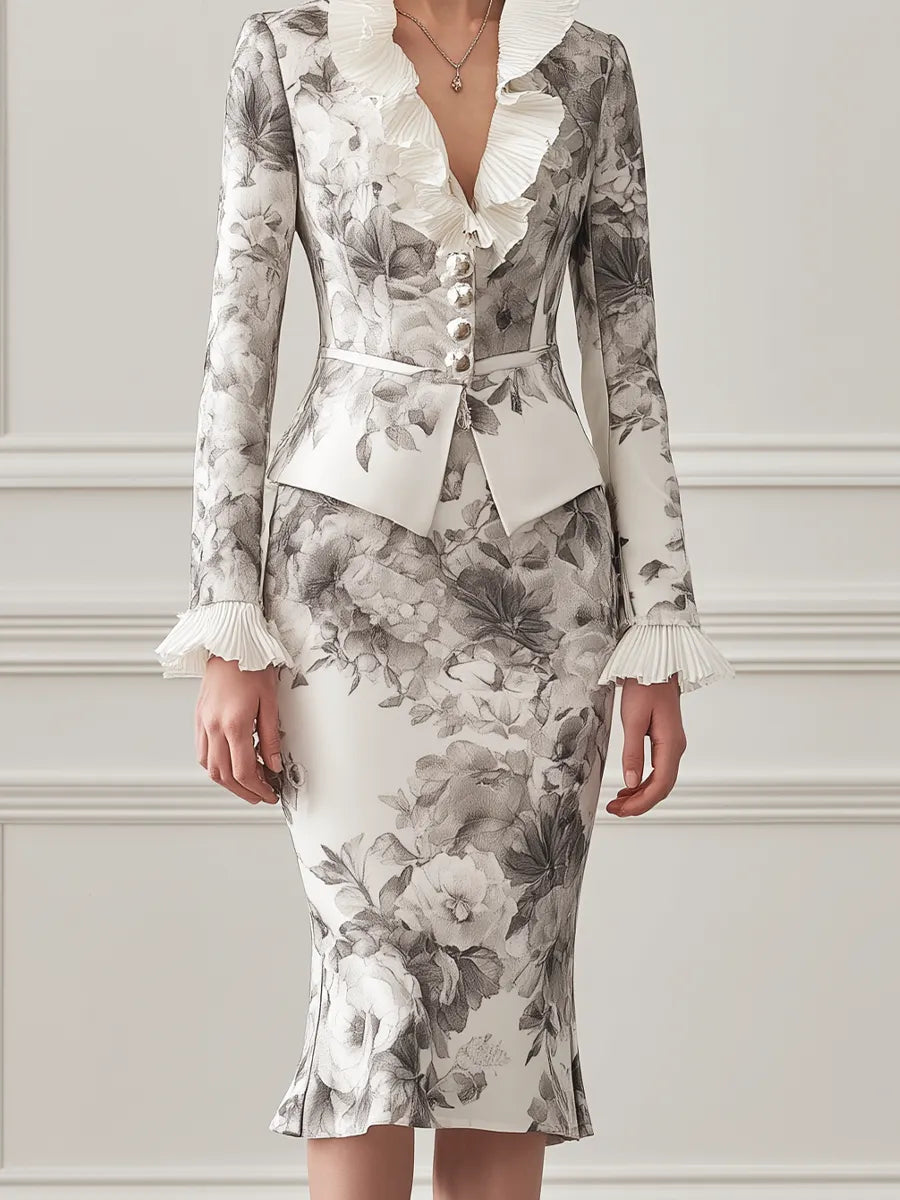Ivory Grey Floral Print Pleated Ruffle Collar Tailored Blazer & Mermaid Midi Skirt Two-Piece Suit Set