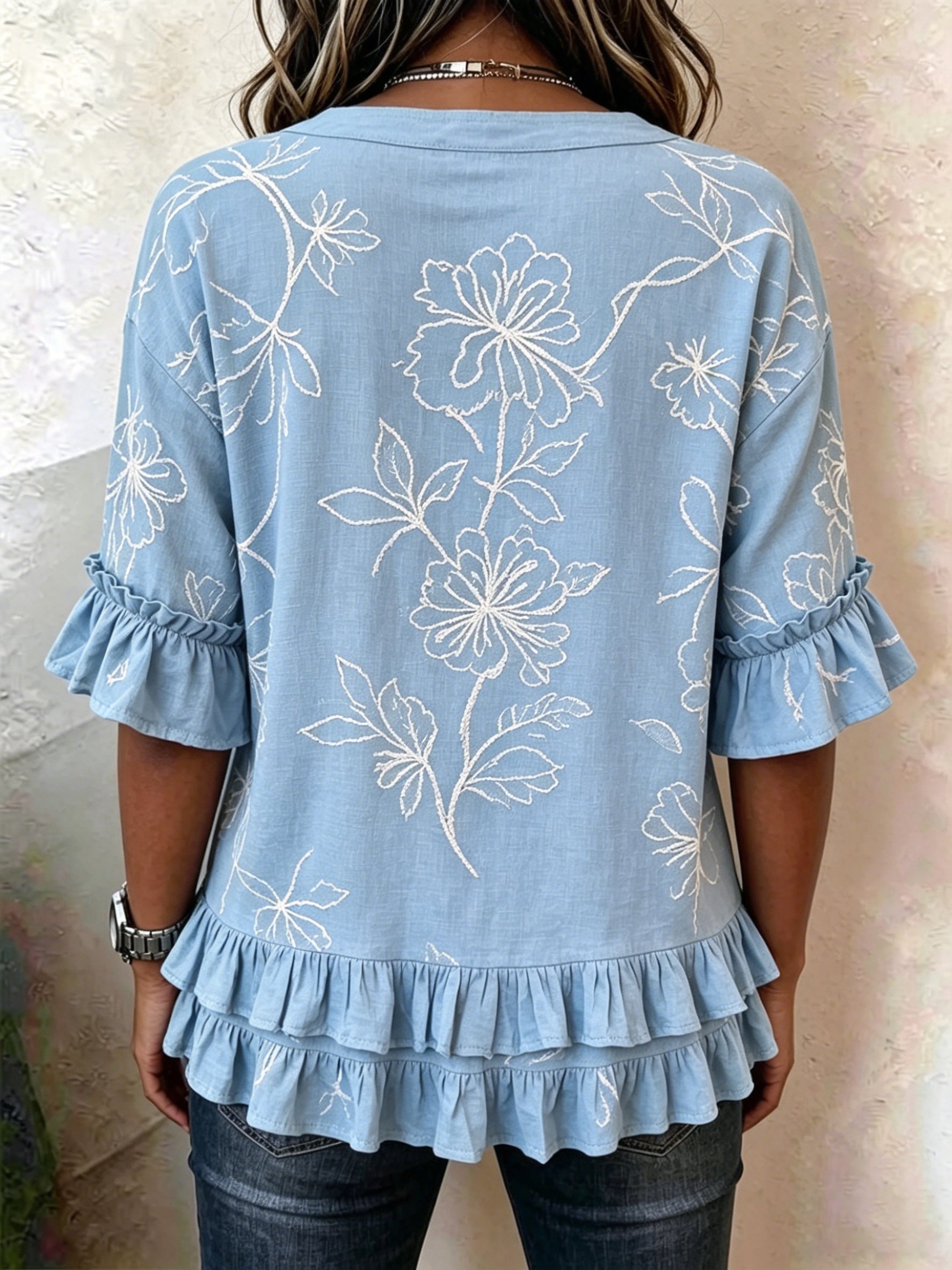 Retro Floral Embroidered Ruffled V-neck Blouse