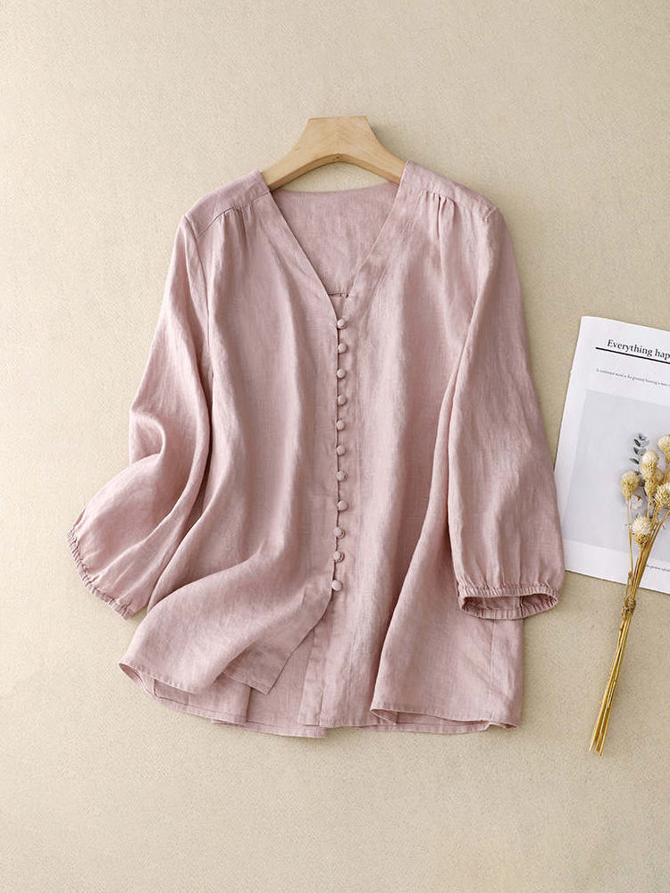 Women's Linen Casual 9/10 Sleeve V-Neck Shirt