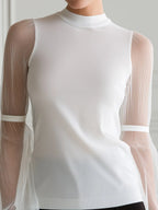 Mock-Neck Sheer Pleated Balloon Sleeve Knit Top