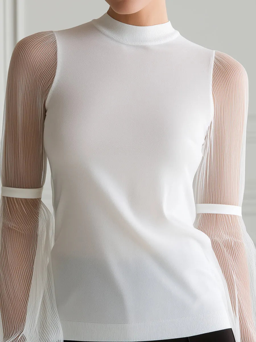 Mock-Neck Sheer Pleated Balloon Sleeve Knit Top