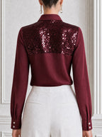 Burgundy Sequin-Front Button-Up Satin Sleeves Shirt