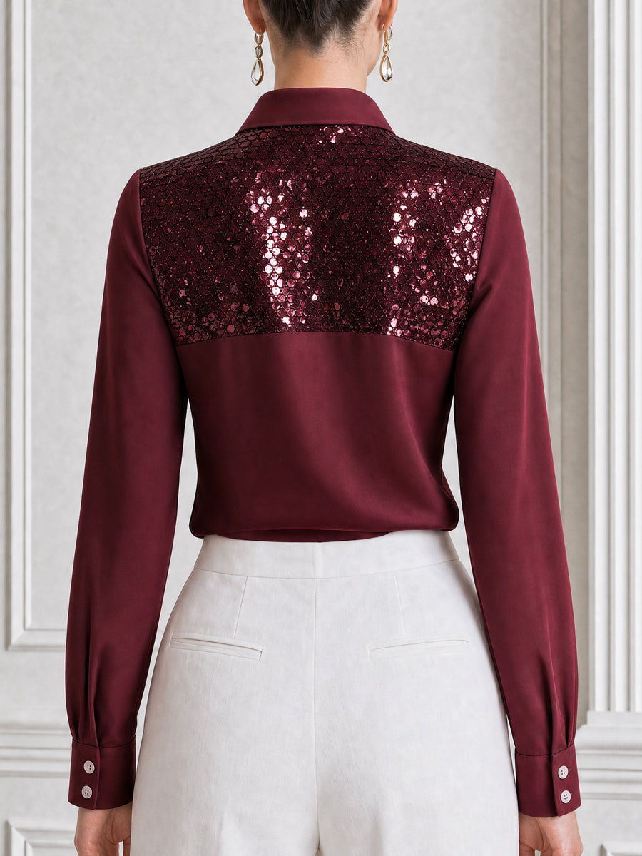 Burgundy Sequin-Front Button-Up Satin Sleeves Shirt
