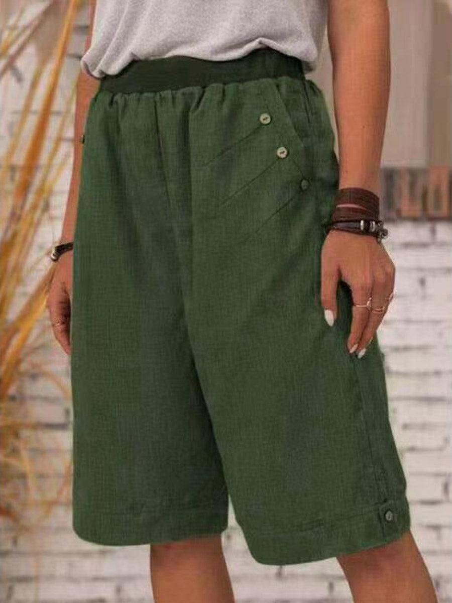 Women's Solid Color Elastic Waist Loose Casual Pockets Cotton and Linen Shorts