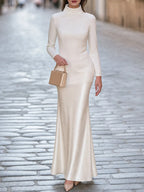 Women's Long Sleeve Turtleneck Contrast Satin Maxi Dress