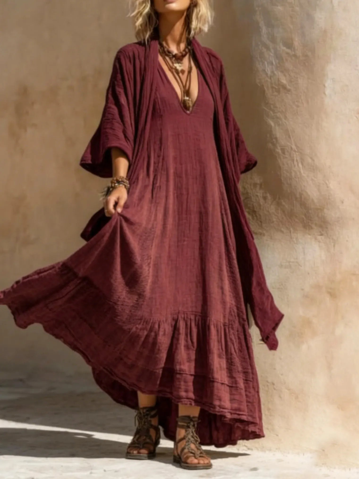 Bohemian Romantic Dress Cardigan Cotton Linen Two-piece Set