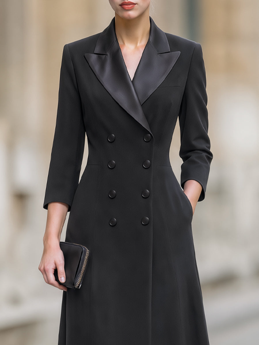 Double-Breasted Satin Lapel Trench Midi Dress
