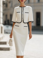 Contrast Trim Cropped Jacket & Pencil Skirt Two-Piece Set