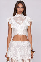 Fergal Lace Ruffle Floral Skirt Set  In White