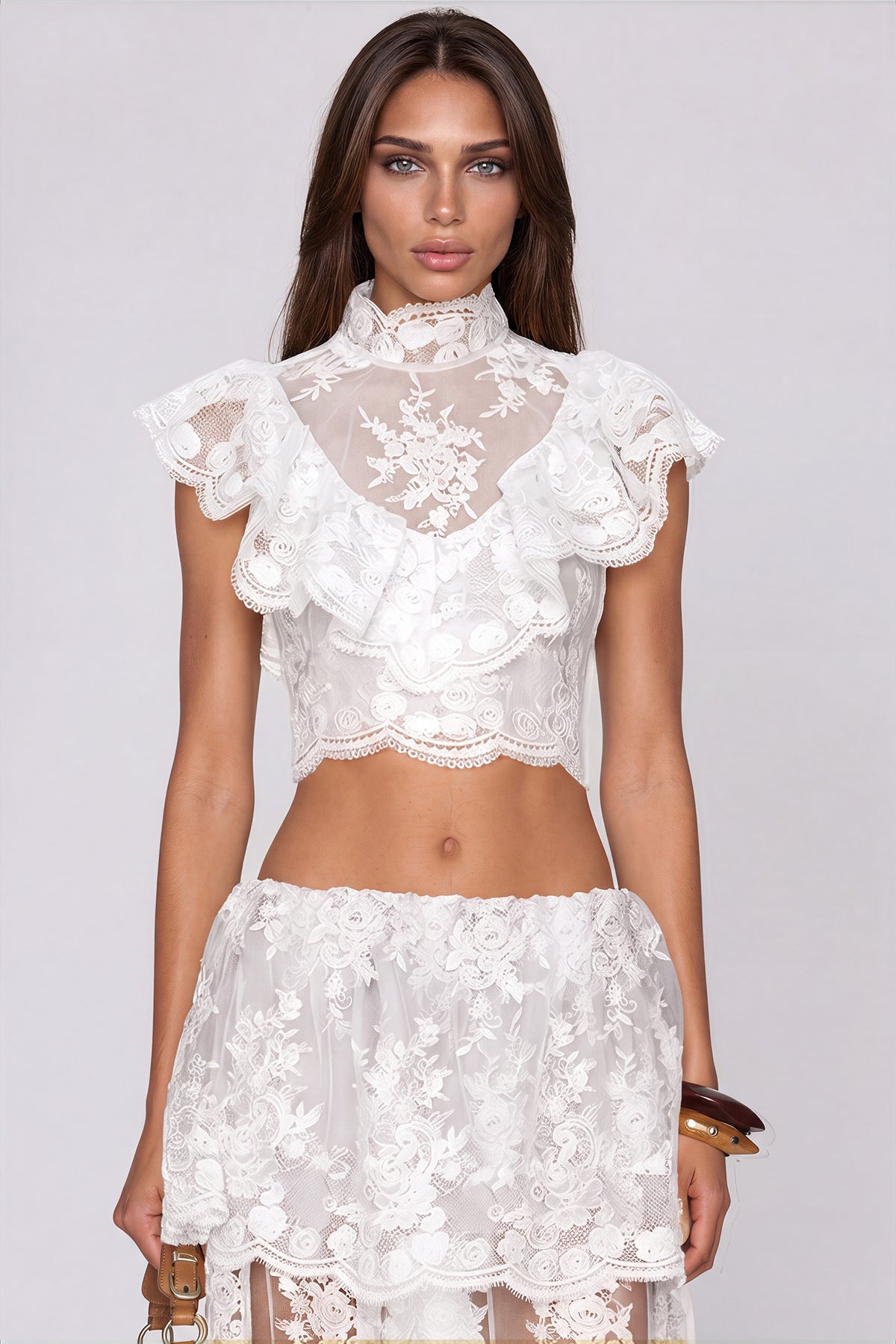 Fergal Lace Ruffle Floral Skirt Set  In White
