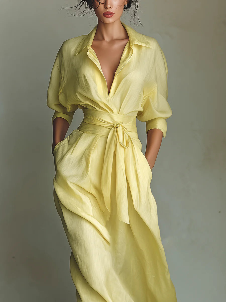 Yellow  Maxi Shirt Dress With Tie Waist & Half Sleeves