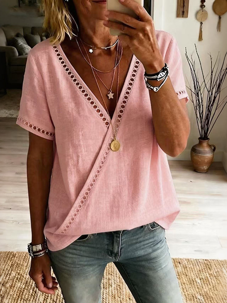 Women's Solid Color Lace Cotton Linen Short-sleeve V-neck Top