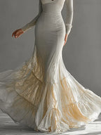 Deep V-Neck Long-Sleeved A-Line Mermaid Elegant Gown