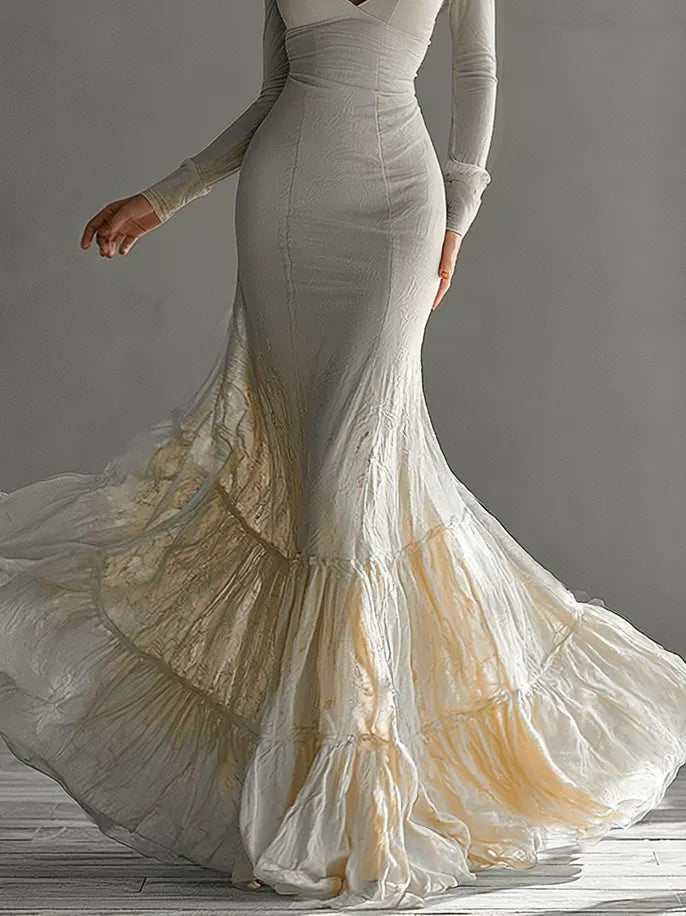 Deep V-Neck Long-Sleeved A-Line Mermaid Elegant Gown