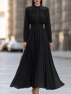 Women's Elegant Long Sleeve Shirt Collar Pleated A-Line Maxi Dress