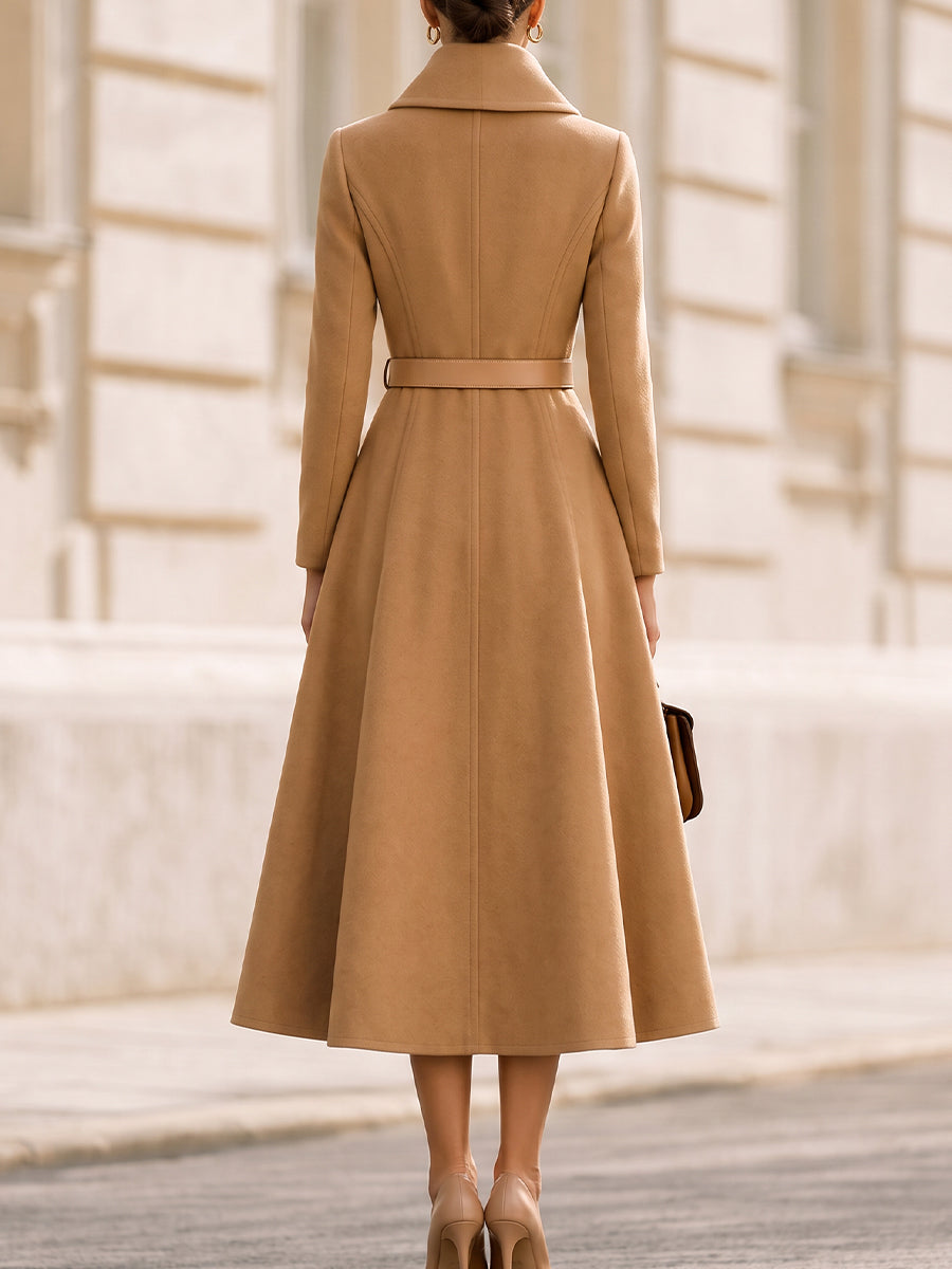 Asymmetric Wrap Collar Belted Fit & Flare Midi Coat Dress