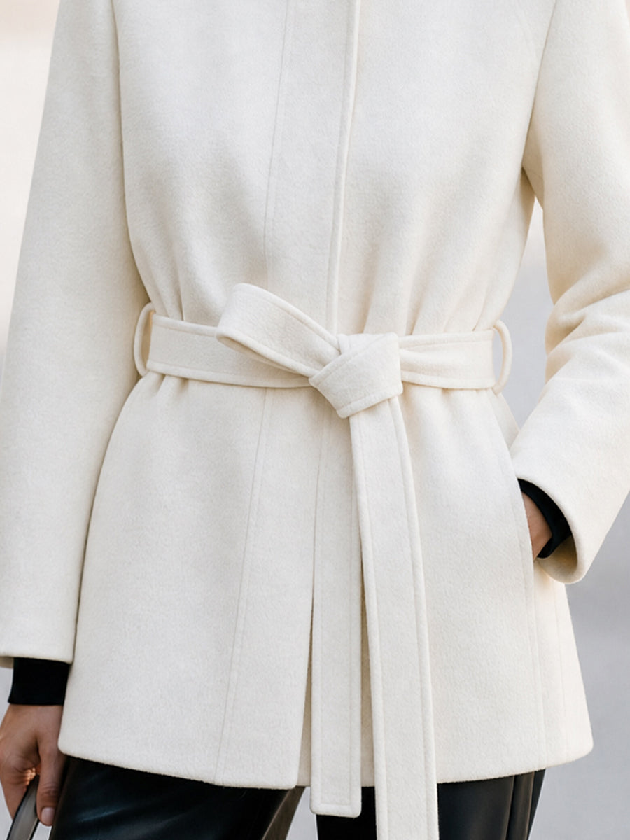 Stand Collar Belted Short Wool Coat
