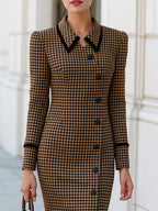 Houndstooth Tweed Midi Dress With Black Velvet Collar Trim For Office & Wedding Guest Occasions