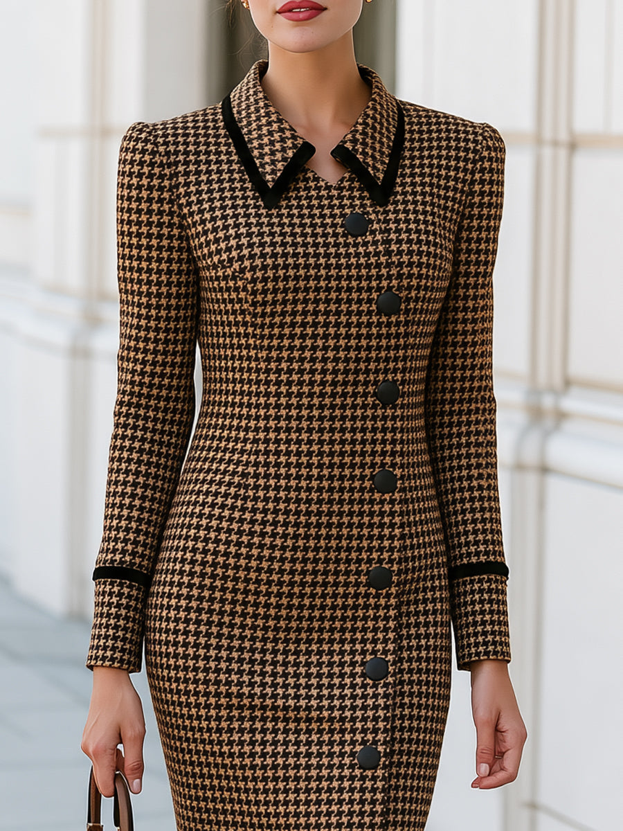 Houndstooth Tweed Midi Dress With Black Velvet Collar Trim For Office & Wedding Guest Occasions