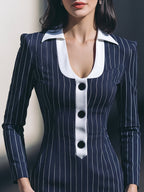 Contrast Collar Pinstripe Midi Dress