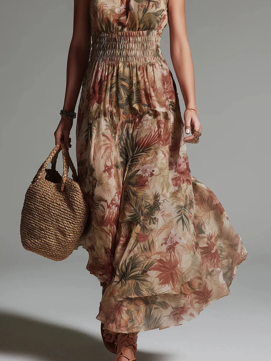 Tropical Rainforest Print Keyhole Waist-cinching Maxi Dress