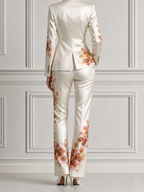 Ivory Fall Wedding Guest Floral Satin Blazer & Flare Pants Set