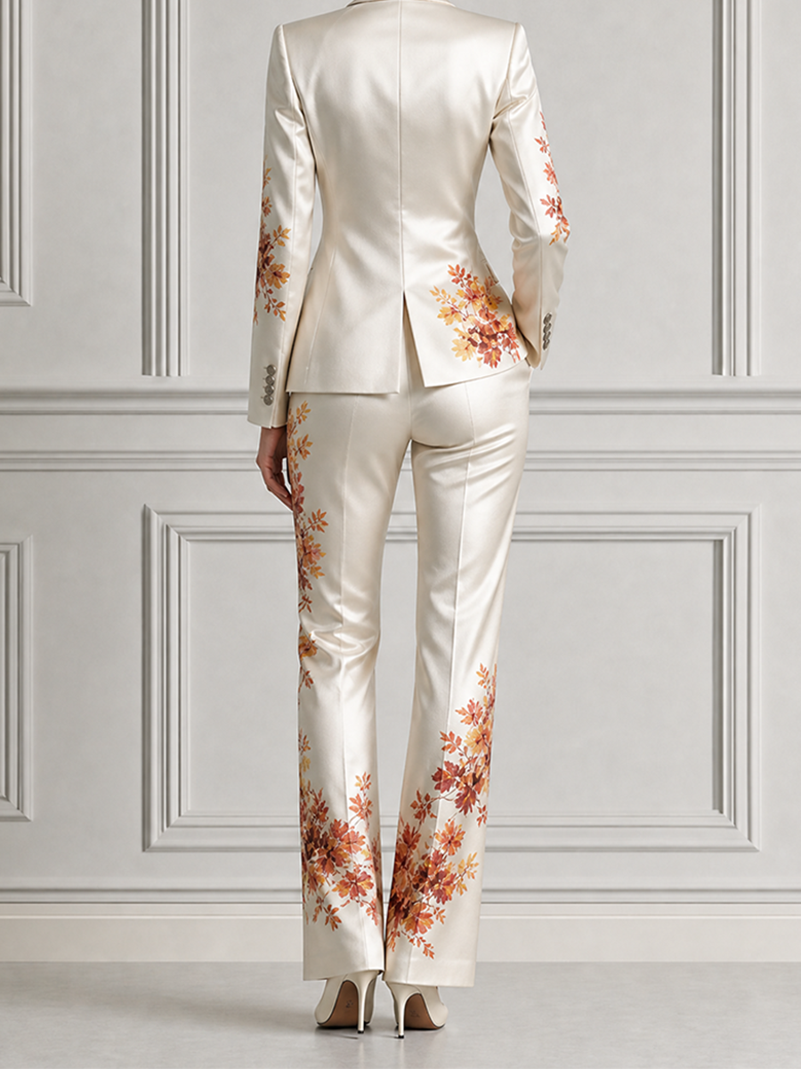 Ivory Fall Wedding Guest Floral Satin Blazer & Flare Pants Set