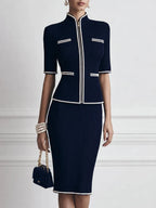 Pearl-Trimmed Ribbed Knit Zip-Up Top and Pencil Skirt Set