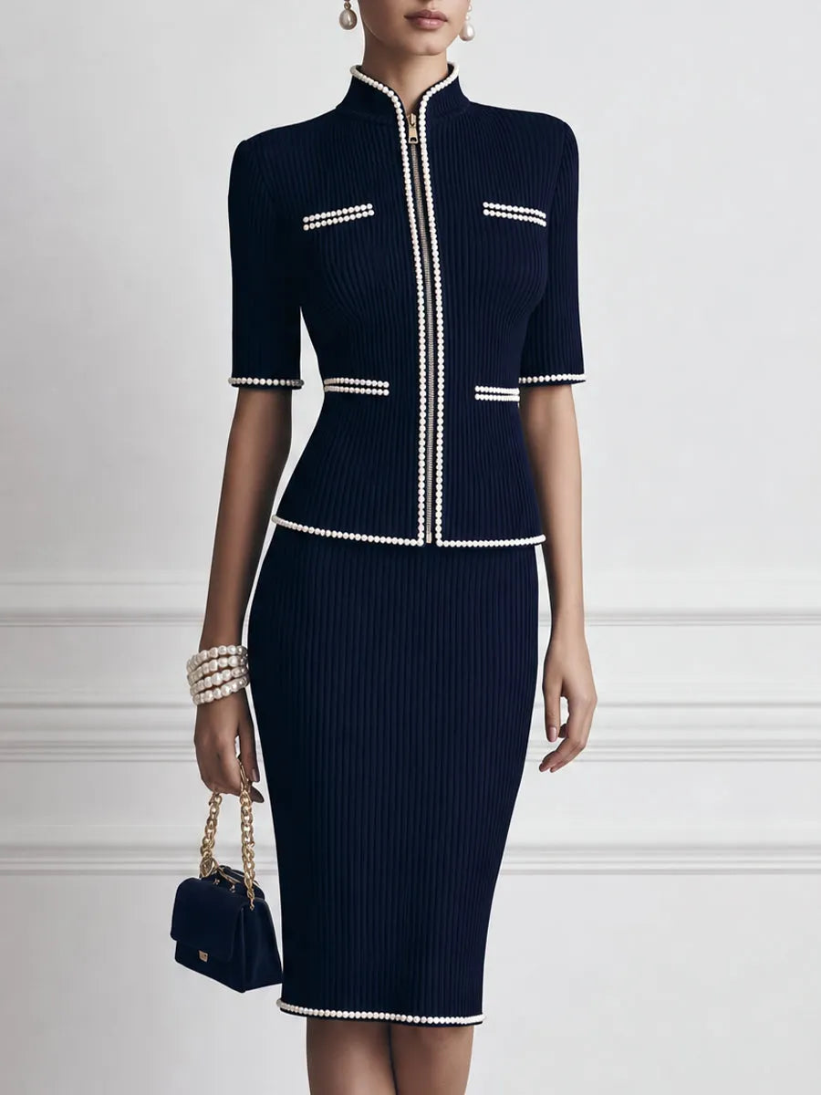 Pearl-Trimmed Ribbed Knit Zip-Up Top and Pencil Skirt Set
