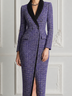 Purple Tweed Dress Fall Wedding Guest Dress Black Lapel Blazer Midi Dress