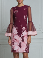 Burgundy Pink Floral Print Sheer Bell Sleeve Shift Mini Dress