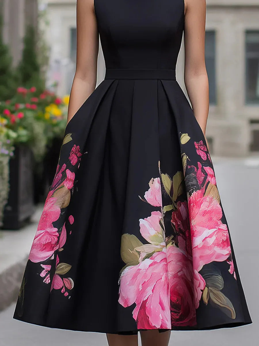 Elegant Sleeveless Midi Dress With Floral Printed