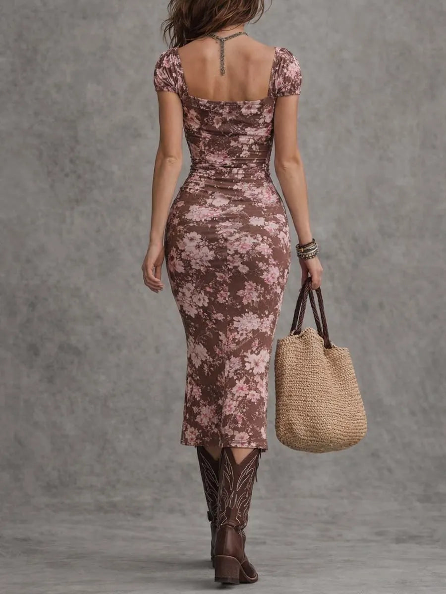 Sweetheart Neck Puff Sleeve Bodycon Midi Dress With Slit
