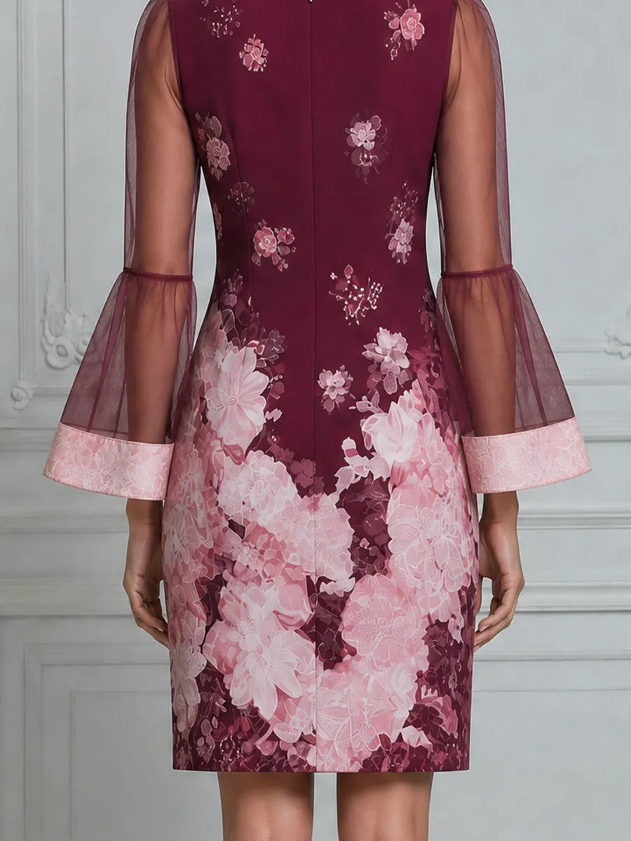 Burgundy Pink Floral Print Sheer Bell Sleeve Shift Mini Dress