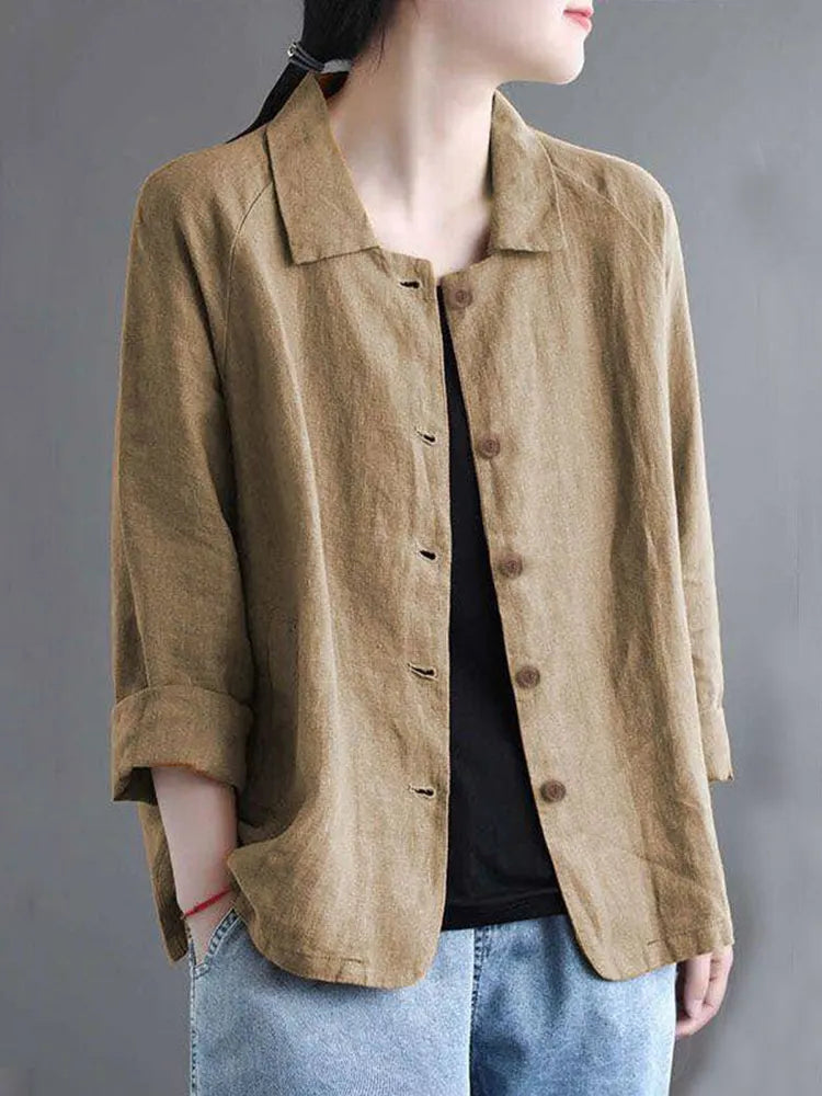 Vintage Button Cotton Linen Solid Comfy Blouse