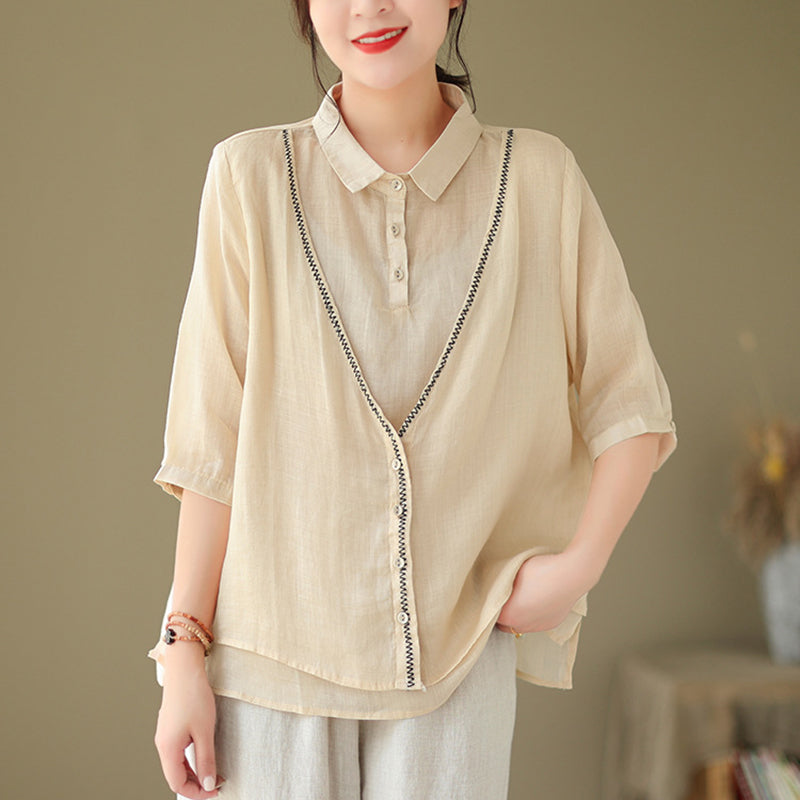 Women's Embroidery Button Down Cotton Linen Casual Shirt
