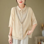 Women's Embroidery Button Down Cotton Linen Casual Shirt