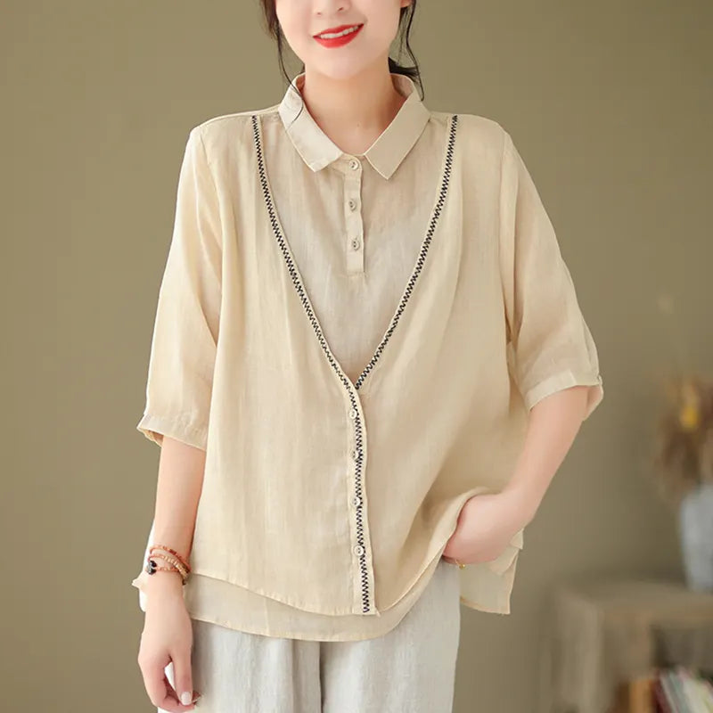 Women's Embroidery Button Down Cotton Linen Casual Shirt