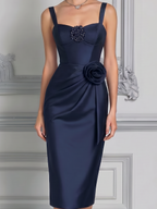 Navy Dress Fall Wedding Guest Dress Satin Rosette Pencil Midi Dress