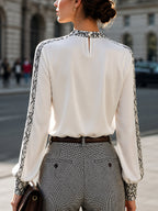 Satin Pleated Snake-Print Trim Blouse