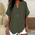 Solid Color V-neck Short Sleeve Linen Blend Blouses
