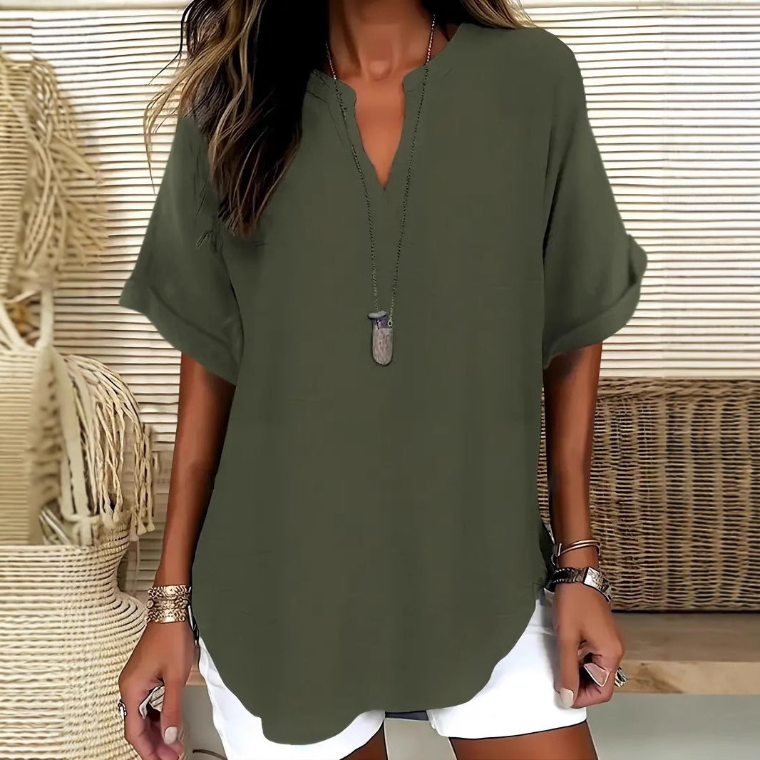 Solid Color V-neck Short Sleeve Linen Blend Blouses