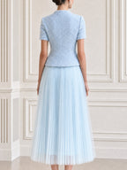 Tweed Short Sleeve Jacket & Pleated Tulle Midi Skirt Set