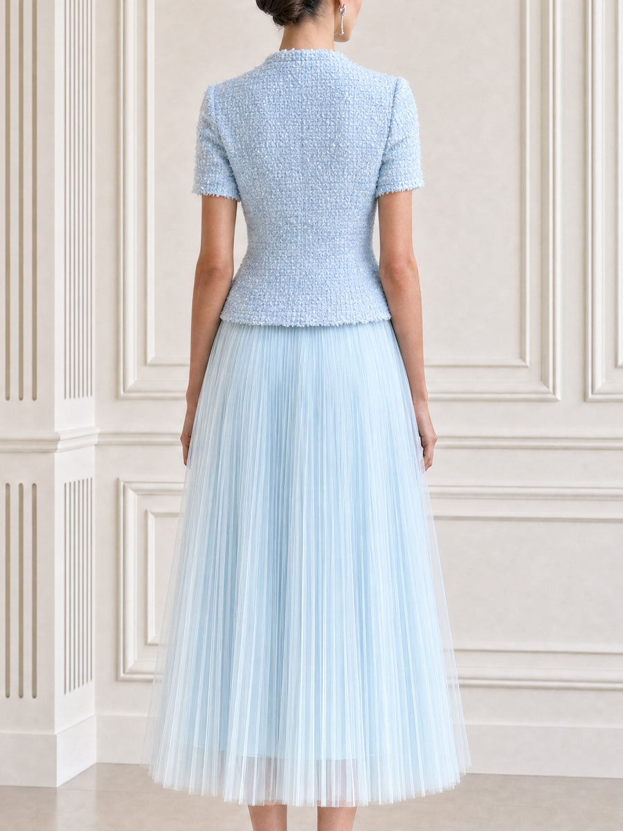 Tweed Short Sleeve Jacket & Pleated Tulle Midi Skirt Set