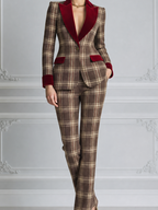 Brown Plaid Preppy Velvet Lapel Blazer & Flare Pants Set