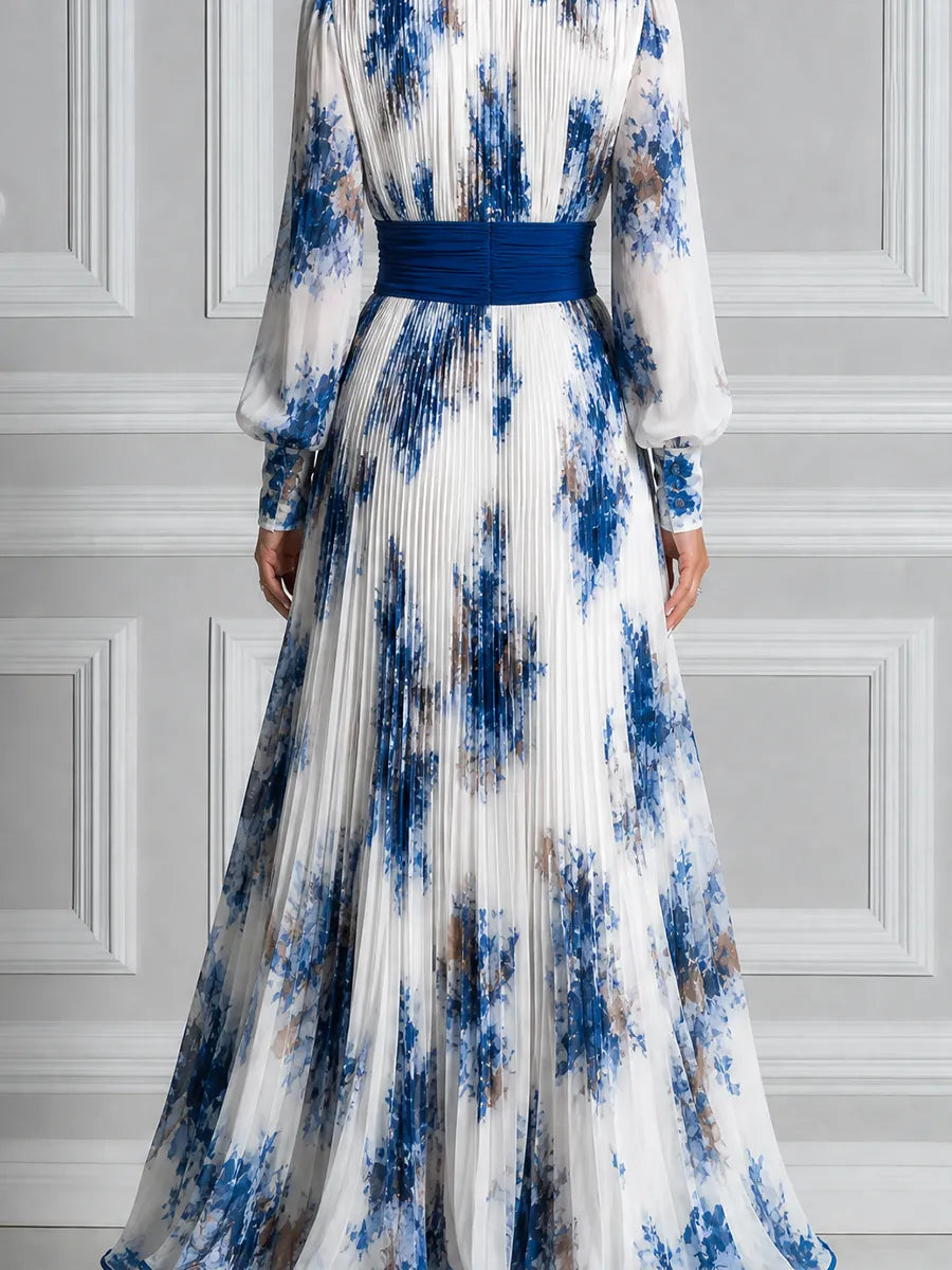 White Dress Fall Wedding Guest Dress Blue Floral Pleated Maxi Dress
